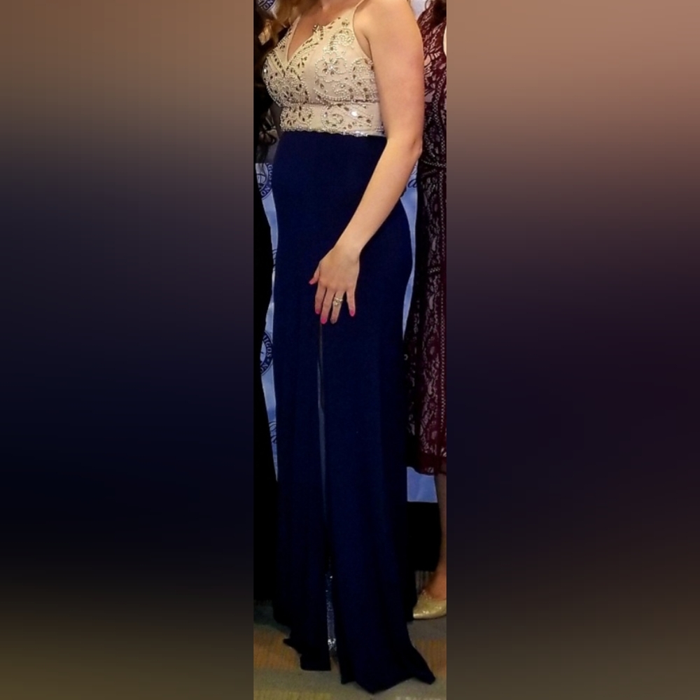 Windsor Dress Champagne & Navy - Picture 3 of 5